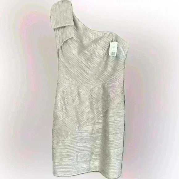 NWT- Aqua Formal Beige Zippered Shoulder Bow Sleeveless Asymmetrical Dress - Picture 3 of 7